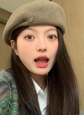 含羊毛韩版纯色贝雷帽女秋冬黑色日系画家帽显脸小八角帽百搭逛街