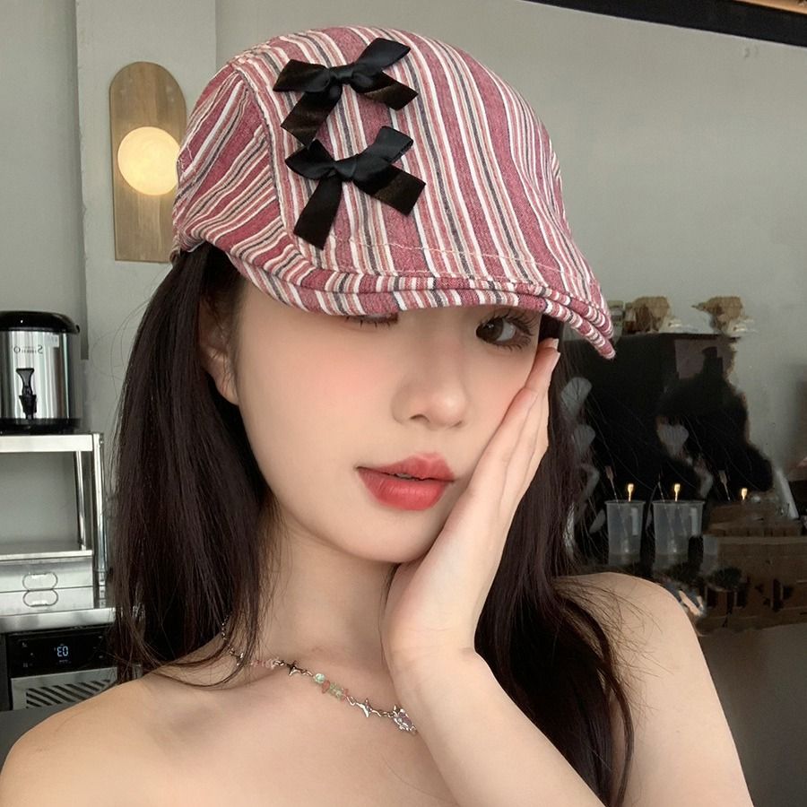 艺术生~格子贝雷帽女夏天小众时尚复古前进帽蝴蝶结画家鸭嘴帽潮