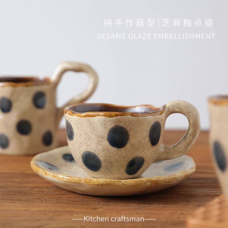 复古窑变手捏波点情侣咖啡杯日式杯碟套装马克杯陶瓷手工点缀