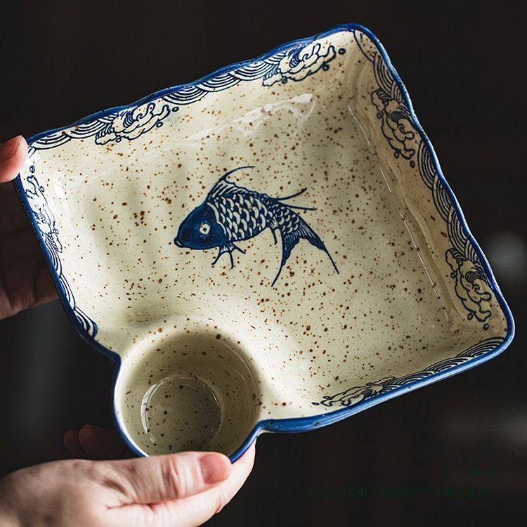 中式饺子盘子带醋碟复古餐盘分格盘陶瓷餐具碟子菜盘家用拼盘餐具