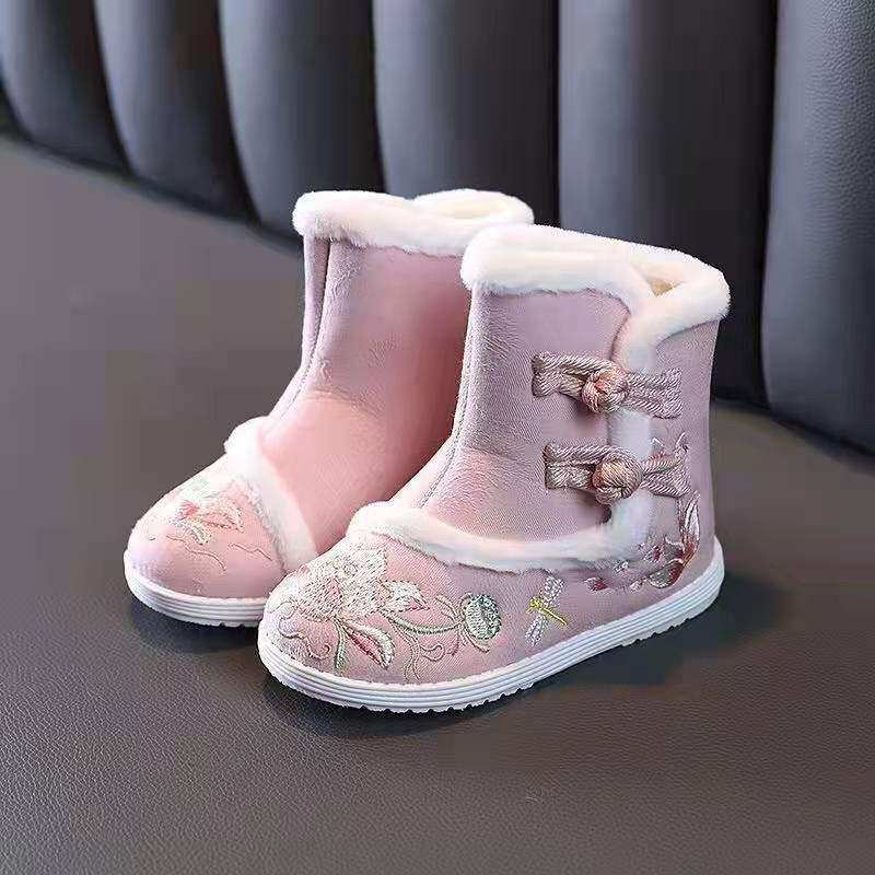 汉服儿童女童靴子加绒加厚棉鞋加厚保暖绣花靴拜年靴民族风秋冬款