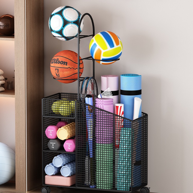 瑜伽垫收纳筐带轮健身运动器材收纳架家用可移动玩具篮球类置物架