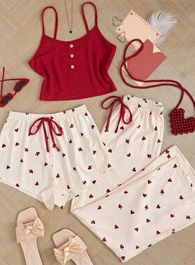 Womens Love Pajamas Womens Spring And Summer Sweet Three-p