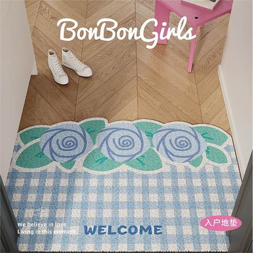 韩式蓝色玫瑰入户地垫门口丝圈防滑脚垫耐脏免洗进门玄关门外地毯