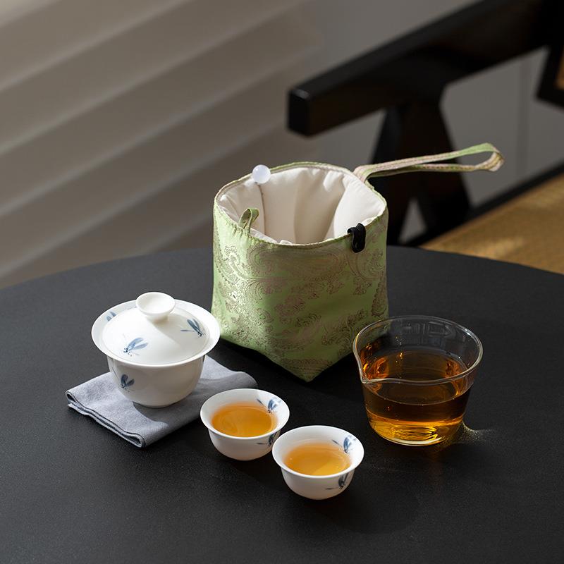 羊脂玉便携式旅行茶具快客杯户外旅游露营茶具蝴蝶兰功夫茶具收纳