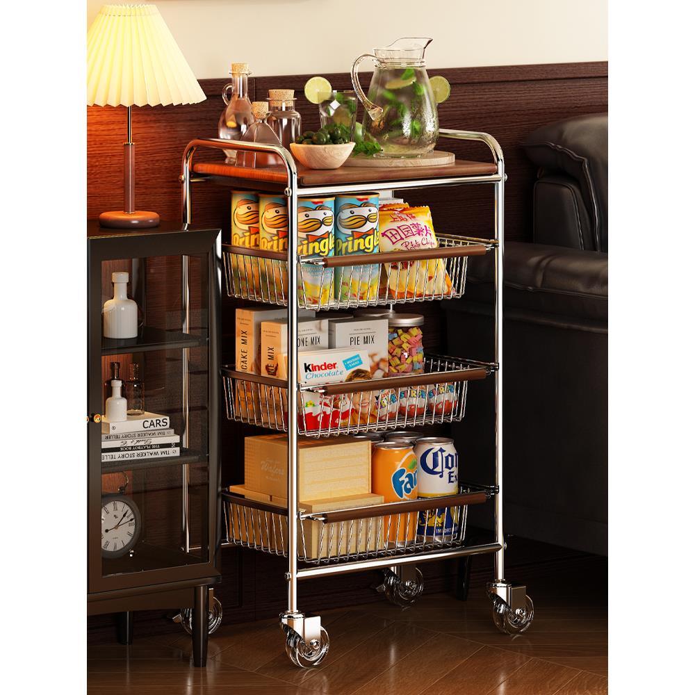 304不锈钢中古沙发边几零食小推车置物架客厅移动茶几厨房蔬菜架