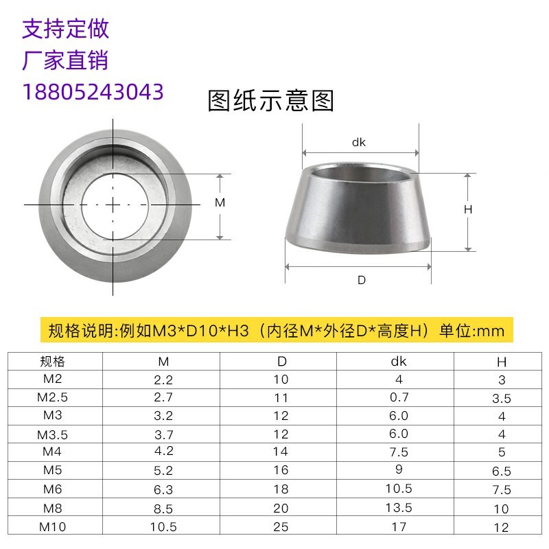 不锈钢锥形内垫圈杯头六角q螺丝金属加厚垫片M2M3M4M5M6M8M10