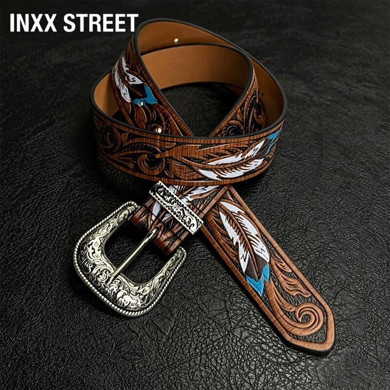 INXX STREET中古皮带美式棕色白羽雕花小众腰带亚文化街头朋克