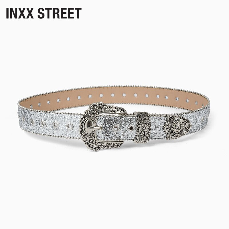 INXX STREET宽腰带女铆钉五金皮带银色亮片装饰牛仔裤腰带女时尚