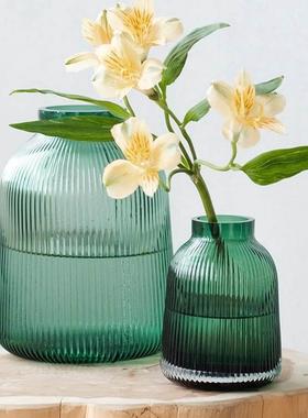 北欧绿色竖条纹透明玻璃花瓶 客厅鲜花水培花器装饰摆件