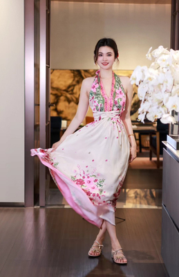 ELLIATT挂脖式绑带连衣裙女海边度假风印花长裙深V露背EC8052401