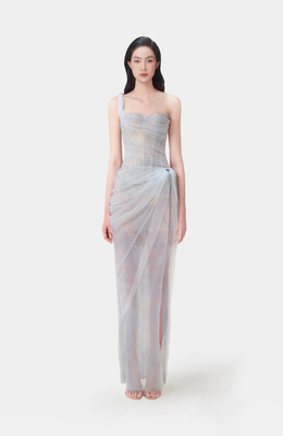 畔依绝美女神越南仙女性感蕾丝网纱鱼骨斜肩开衩晨袍礼服连衣裙