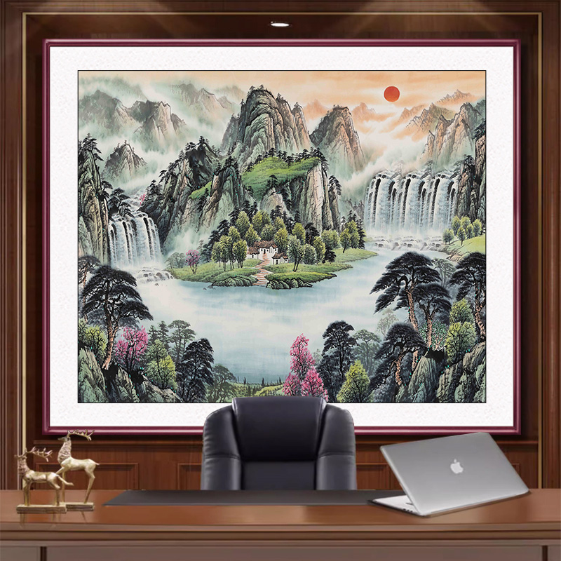 玄关正方形聚宝盆山水走廊旭日东升挂画办公室装饰背有靠山过道画图片