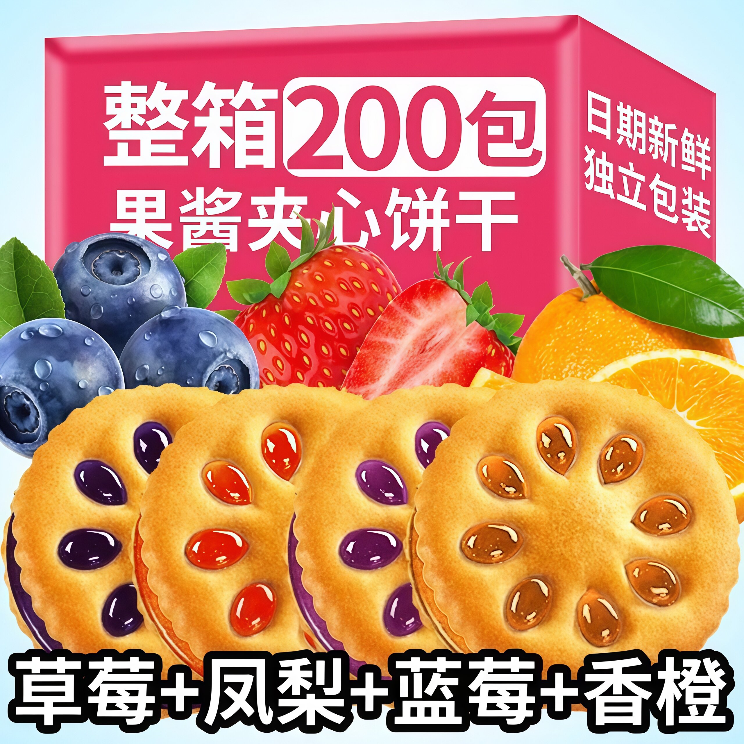果酱夹心饼干单独小包装整箱批发散装蓝莓凤梨水果夹心零食品解馋
