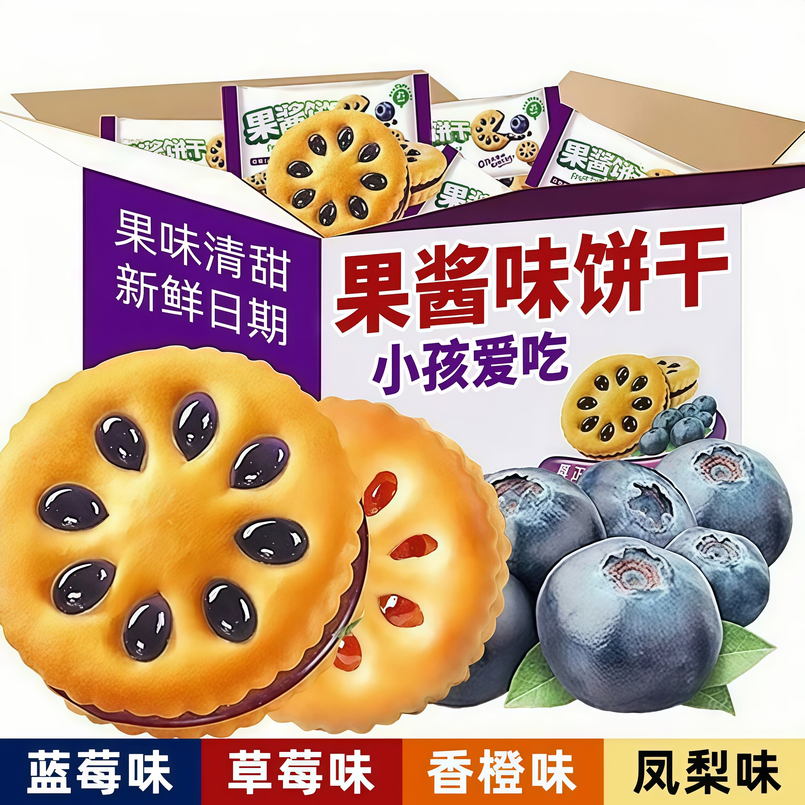 果酱夹心饼干单独小包装整箱批发散装蓝莓凤梨水果夹心零食品解馋