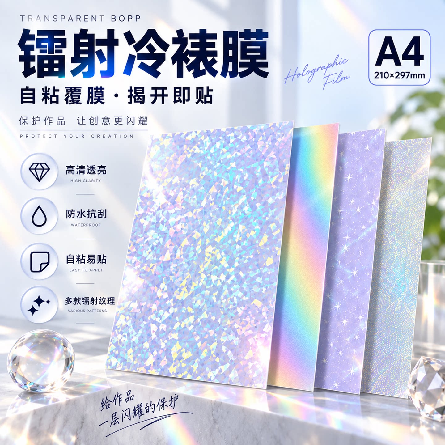 A4透明BOPP镭射冷裱膜自粘防水