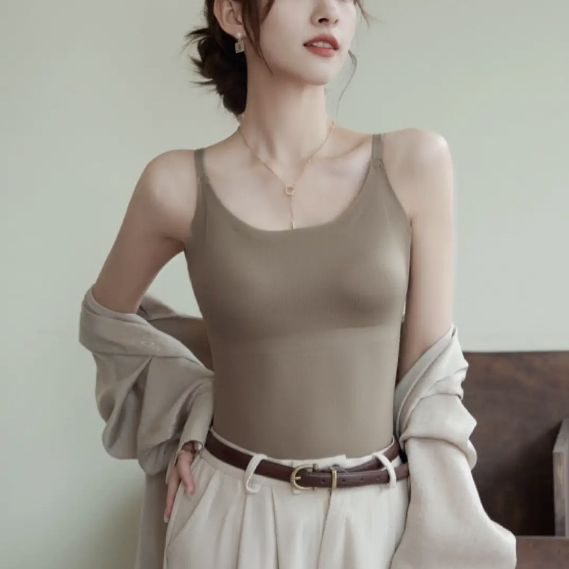 6617无痕冰丝吊带背心女带胸垫内搭美背加长打底外穿长款上衣薄款