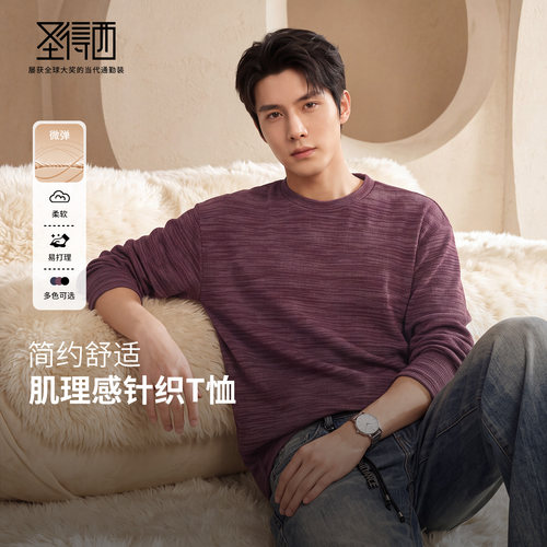 圣得西轻奢肌理条纹长袖T恤男