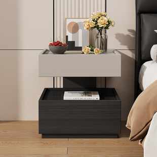 意式极简床头柜暗格带隐藏轻奢高级感悬浮卧室家用带灯床边收纳柜