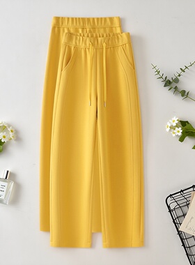 拉夏贝尔黄色时尚阔腿休闲裤女秋冬季新款加绒卫裤显瘦流行弯刀裤