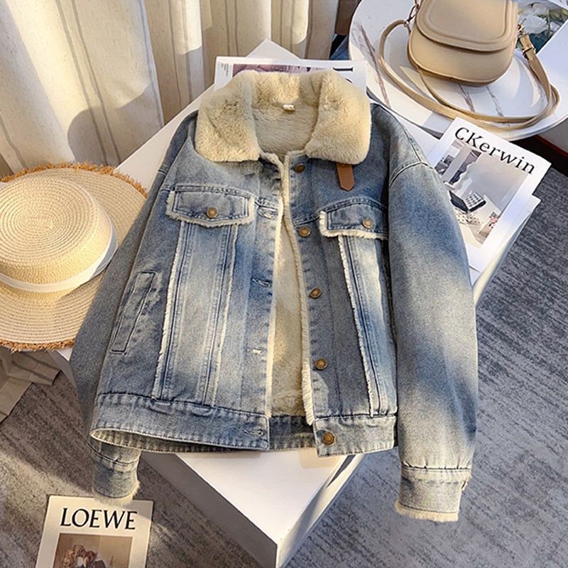 拉夏贝尔小个子加绒加厚牛仔外套