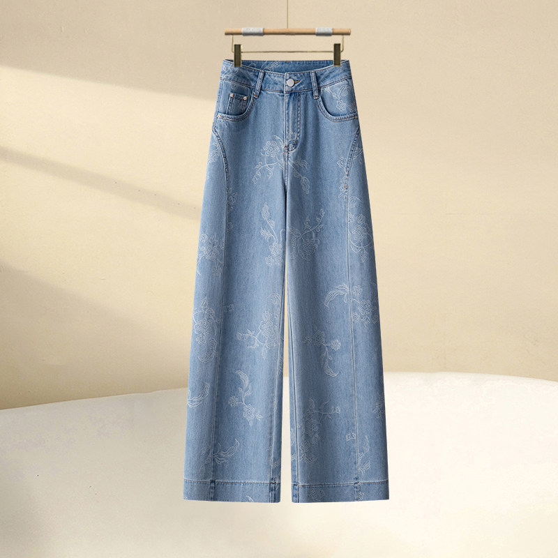 拉夏贝尔蓝色提花阔腿牛仔裤女2026年春季新款高腰显瘦时尚直筒裤,女装/女士精品,牛仔裤,淘宝优惠券,粉丝福利购,淘宝优惠卷