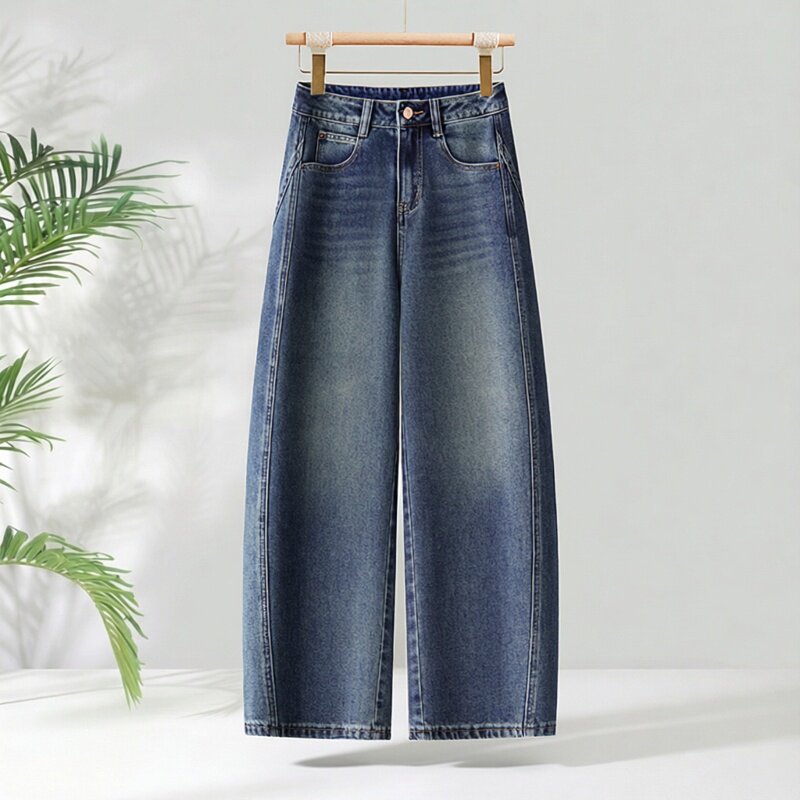 拉夏贝尔阔腿弯刀牛仔裤女冬季2026年新款高腰加绒窄版复古香蕉裤