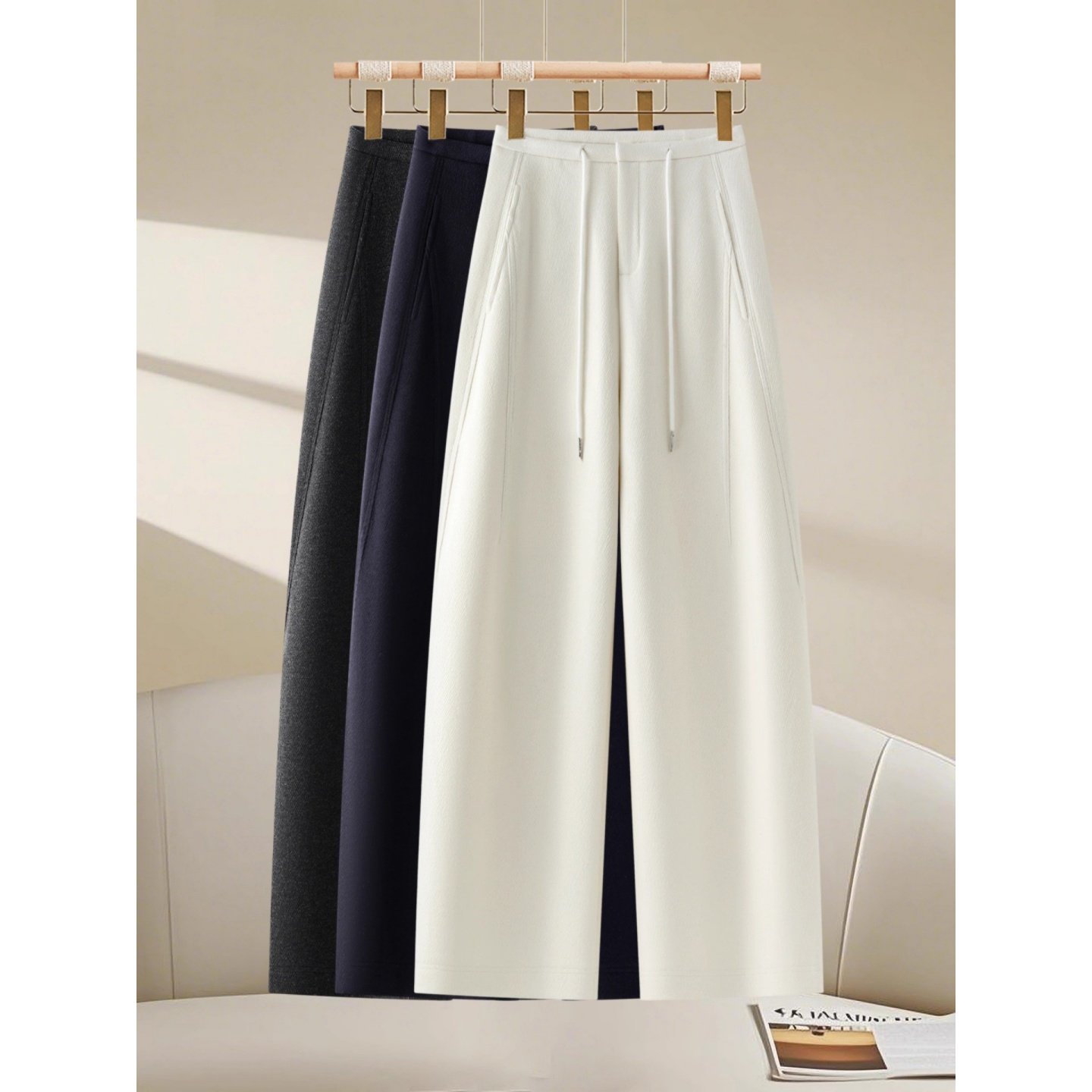 拉夏贝尔高级感弯刀阔腿裤女秋冬2025新款高腰显瘦抽绳加厚休闲裤,女装/女士精品,休闲裤,淘宝优惠券,粉丝福利购,淘宝优惠卷