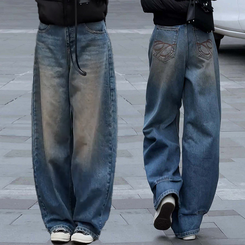 拉夏贝尔复古蓝阔腿牛仔裤女秋冬慵懒风刺绣弯刀裤直筒长裤九分裤,女装/女士精品,牛仔裤,淘宝优惠券,粉丝福利购,淘宝优惠卷