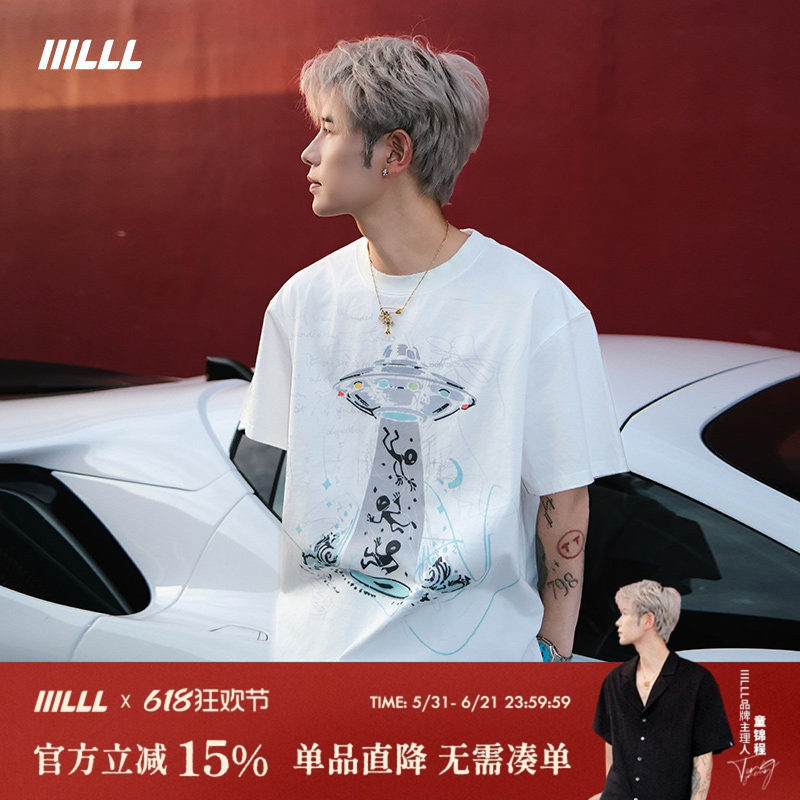 IIILLL童锦程美式做旧印花短袖T恤男夏宽松创意涂鸦飞碟圆领上衣