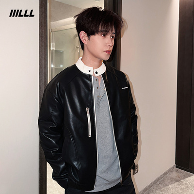 IIILLL童锦程PU皮衣外套男宽松撞色复古内里夹棉潮牌情侣上衣夹克