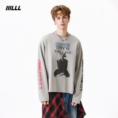IIILLL童锦程  美式纯棉长袖T恤男秋Vintage宽松内搭原创印花上衣