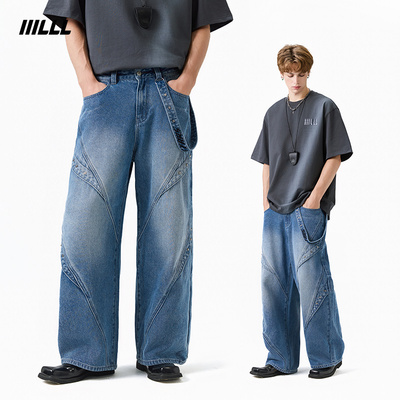 IIILLL童锦程美式结构设计阔腿工装牛仔裤男潮牌宽松直筒休闲长裤