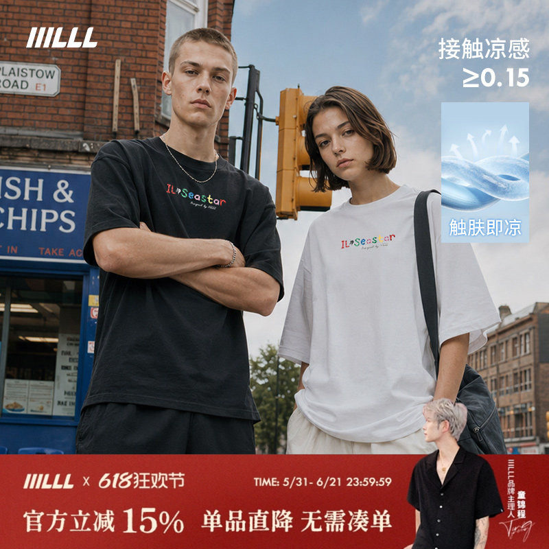 IIILLL童锦程美式凉感短袖T恤男夏季独角兽字母刺绣彩色贴钻体恤