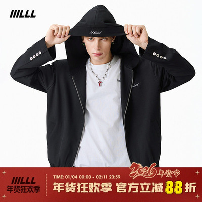IIILLL童锦程基础LOGO连帽休闲外套男极简痞帅西装版卫衣刺绣夹克
