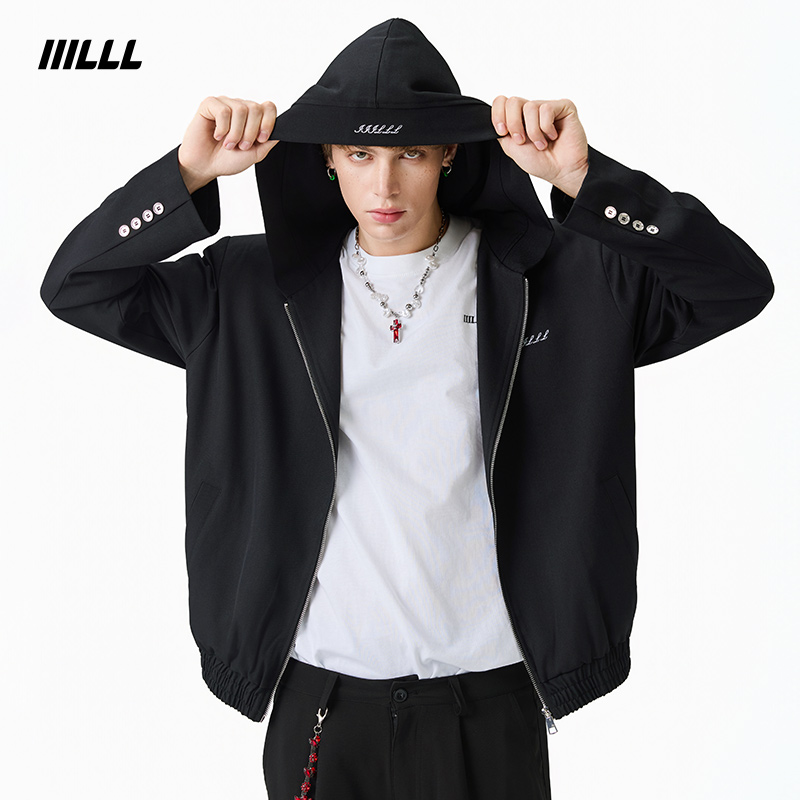 IIILLL童锦程基础LOGO连帽休闲外套男极简痞帅西装版卫衣刺绣夹克