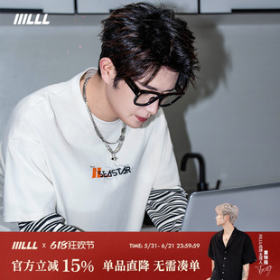 IIILLL童锦程撞色长袖T恤男刺绣街头风假两件条纹设计感宽松上衣