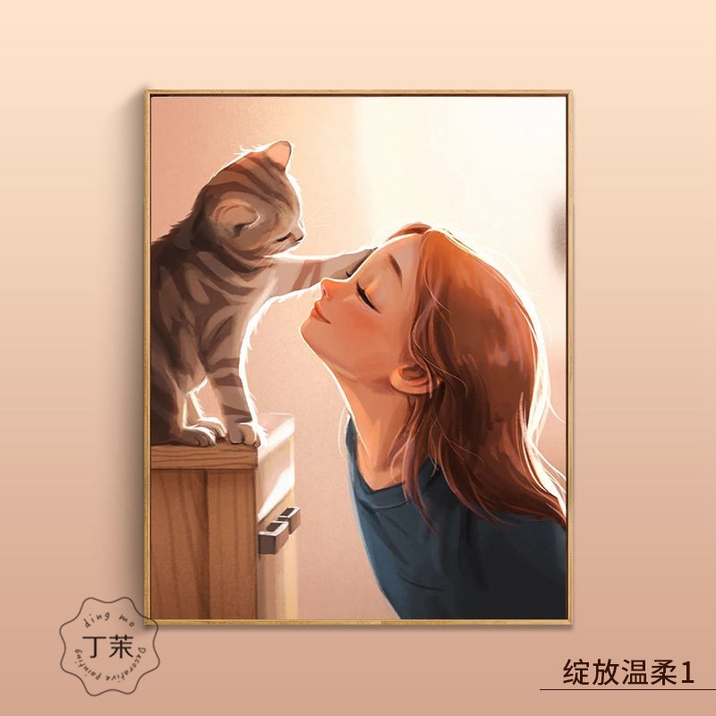 现代简约治愈女孩猫咪可爱人物卧室挂画儿童房装饰画北欧客厅壁画图片