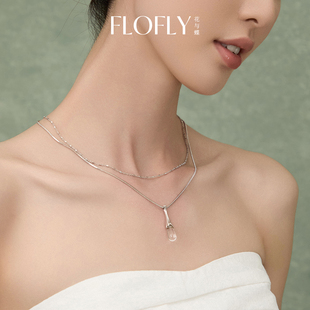 花与蝶曲水双层叠戴项链女锁骨链白水晶水滴吊坠毛衣颈链