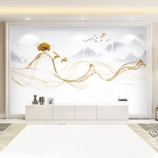 电视背景墙壁纸现代客厅卧室简约金色抽象线条山水墙布壁画 新中式