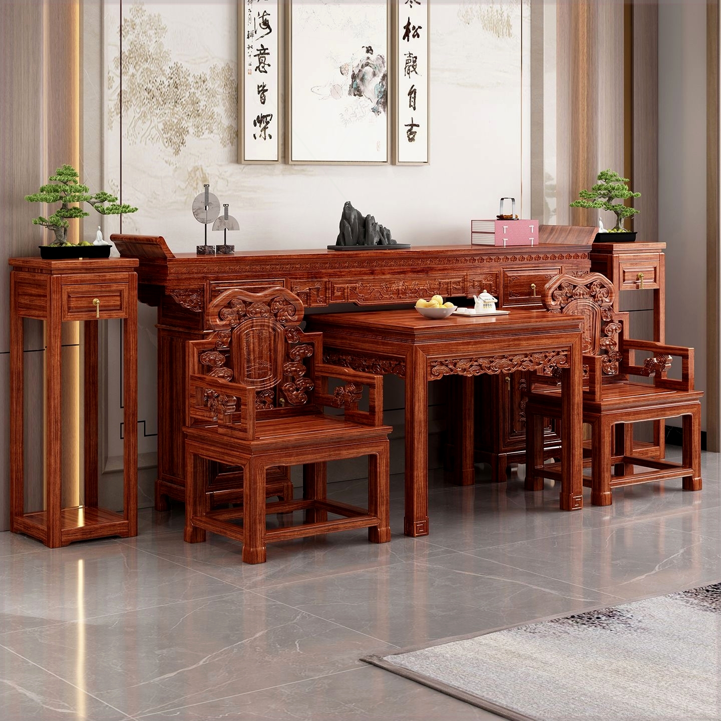 农村中堂六件套中式雕花柜体条案堂屋家用八仙桌实木供桌神台翘头