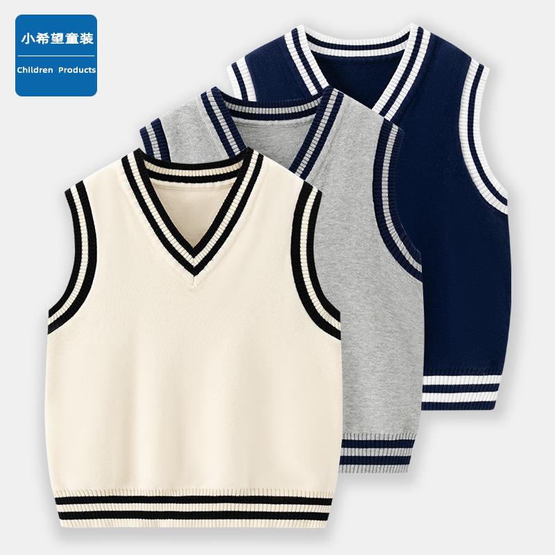 儿童针织马甲套头背心男女童秋冬款中大童V领校服上衣学院风毛衣