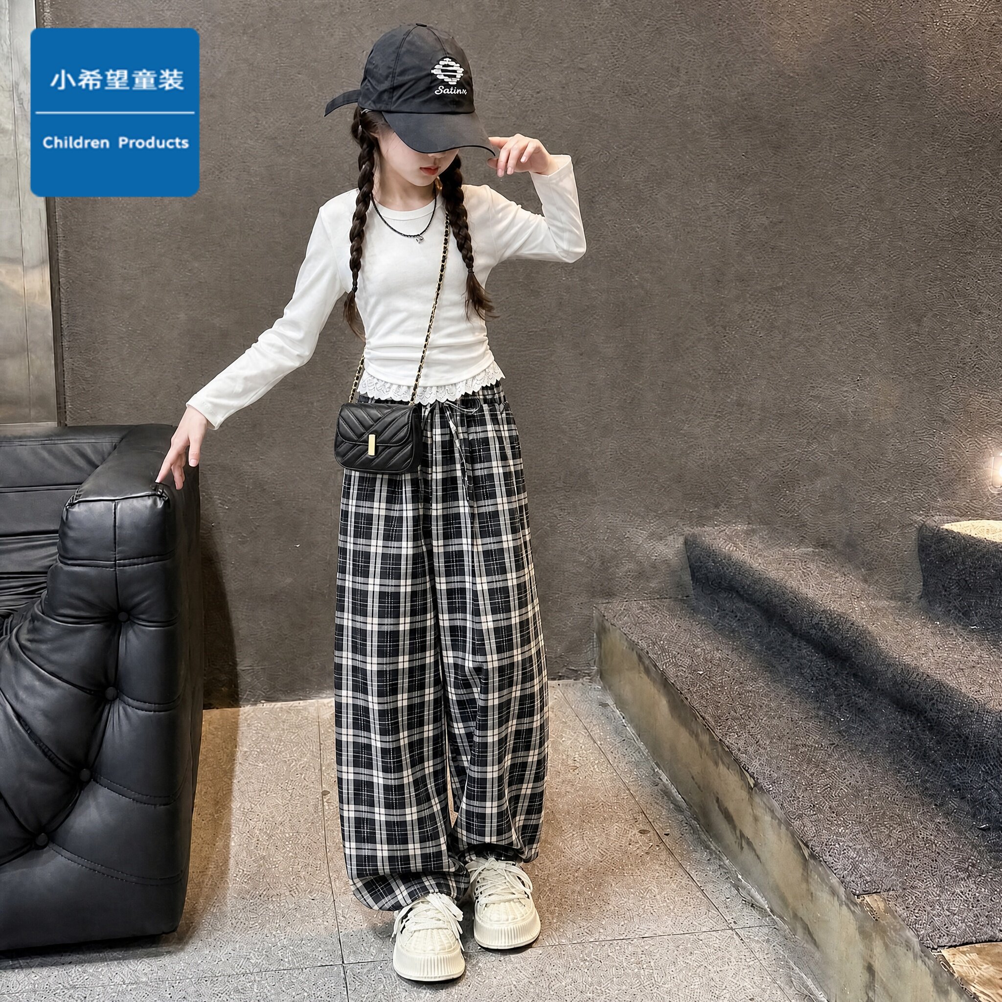 女童格子阔腿裤夏季儿童宽松直筒中大童洋气黑白格垂感裤子
