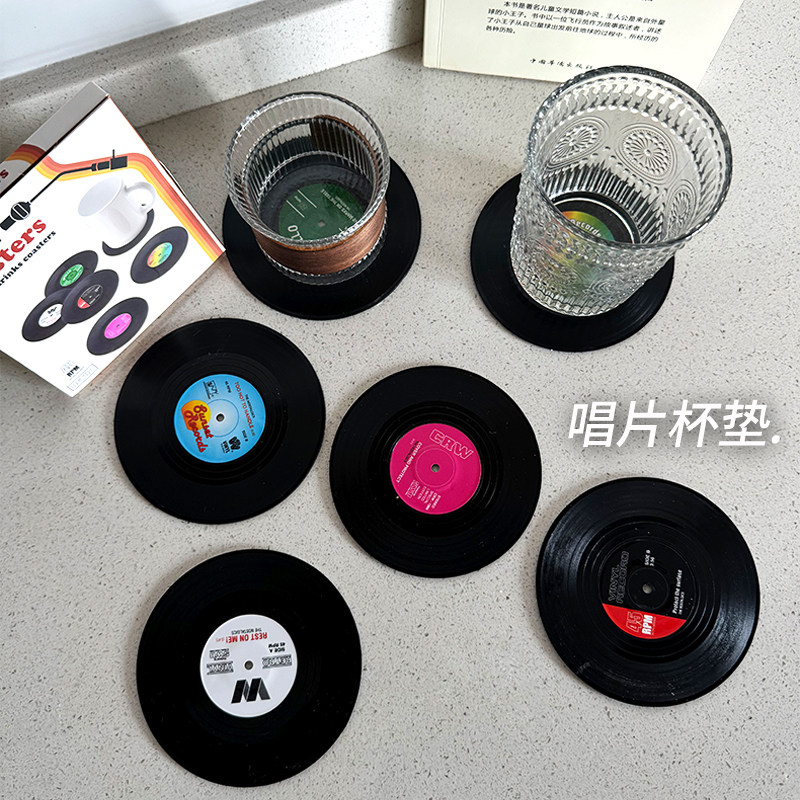 创意复古黑胶唱片杯垫美式经典摇滚怀旧CD隔热圆形防滑餐垫 6片装