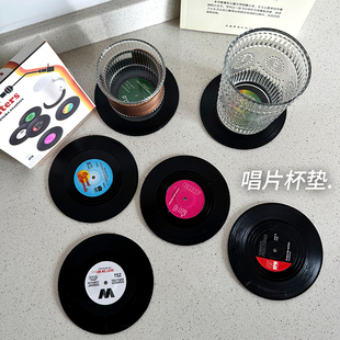 6片装 摇滚怀旧CD隔热圆形防滑餐垫 经典 创意复古黑胶唱片杯垫美式