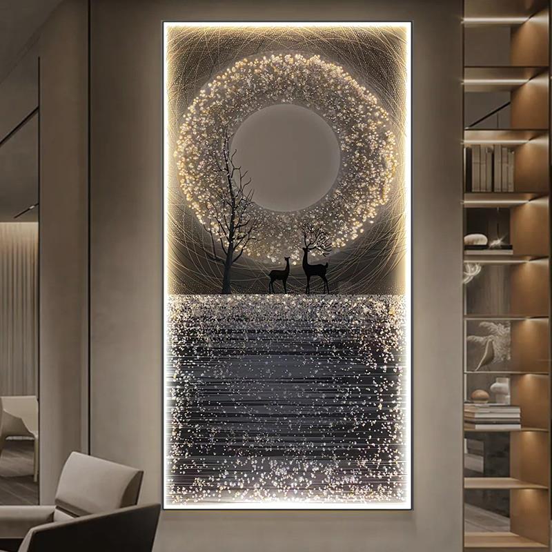 led灯北欧麋鹿轻奢玄关装饰画高档现代简约晶瓷镶钻走廊过道挂画图片
