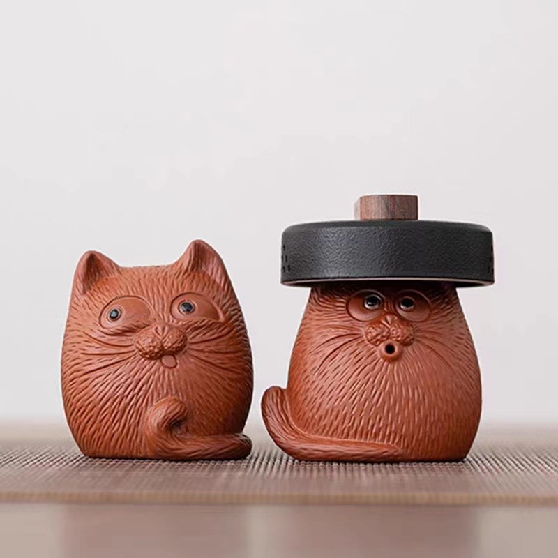 紫砂萌猫茶宠摆件精品可养茶玩创意陶瓷I可爱猫咪线香香插茶道盖