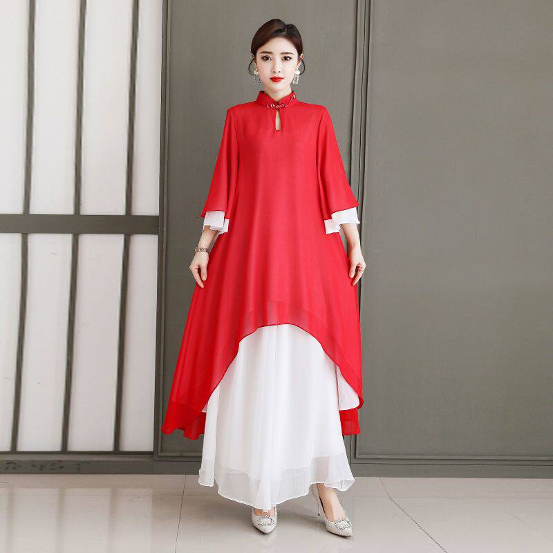 汉服女秋冬季古装飘逸超仙中国风显瘦舞蹈演出服红色禅意茶服旗袍
