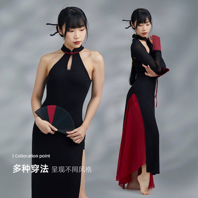 演出服舞蹈服新中式旗袍无袖开叉修身长裙复古爵士舞蹈服古典舞服