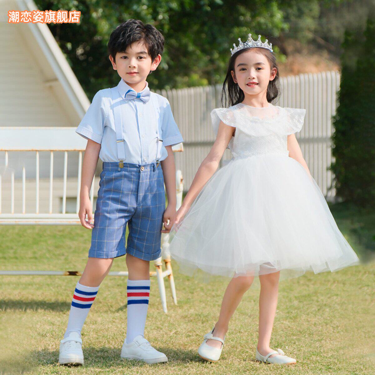 儿童演出服蓬蓬裙男女童幼儿园大合唱舞蹈公主裙背带裤表演服红歌